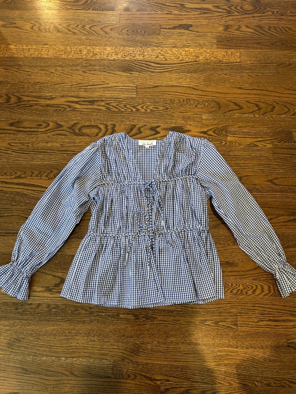 Nigel Preston for Free People Blue Gingham Long-Sleeve Peplum Top, Size L